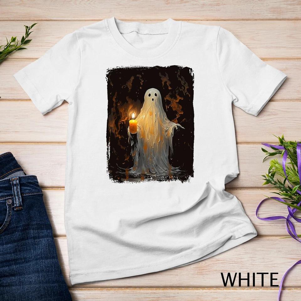 Cute Ghost Holding Candle Funny Halloween Gothic Vintage T-Shirt Unisex T-shirt 12