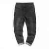 2024 Men'S Washed Black Zipper Open Top Casual Pants, Plus Size Micro Elastic Cotton Mid Waist Regular Jeans