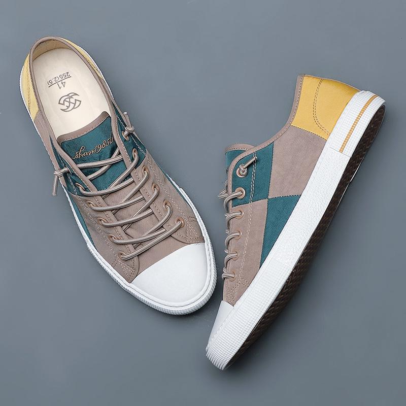 New Men's Quality Casual Canvas Shoes Fashion Korean Mixed Color Shoes Slip On Men Lace-Up Flat Shoes Sneakers