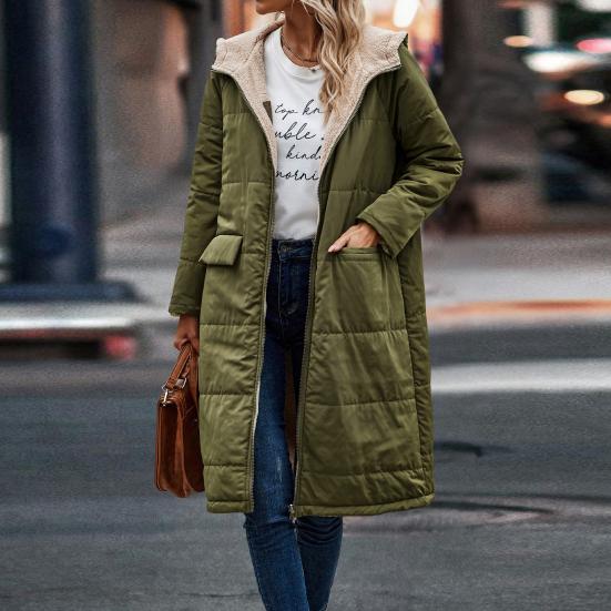 Женское зимнее длинное пальто с капюшоном и длинными рукавами, флисовая подкладка, верхняя одежда, карманы на молнии, двусторонняя одежда, длинный пуховик