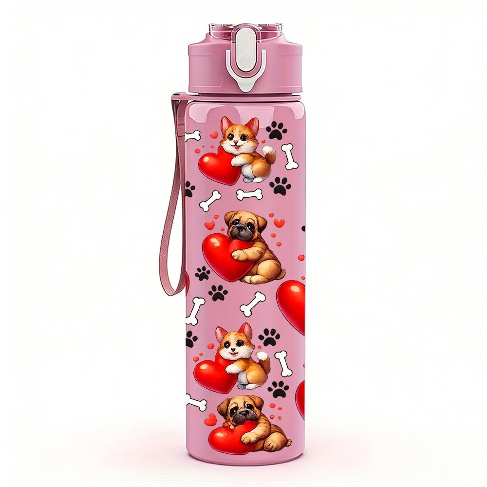 1PC Cherry Heart Love Valentine Pattern Print 750ml Color Plastic Sports Water Bottle Leakproof Flip Straw Lid Suitable for Sports Office Home Use