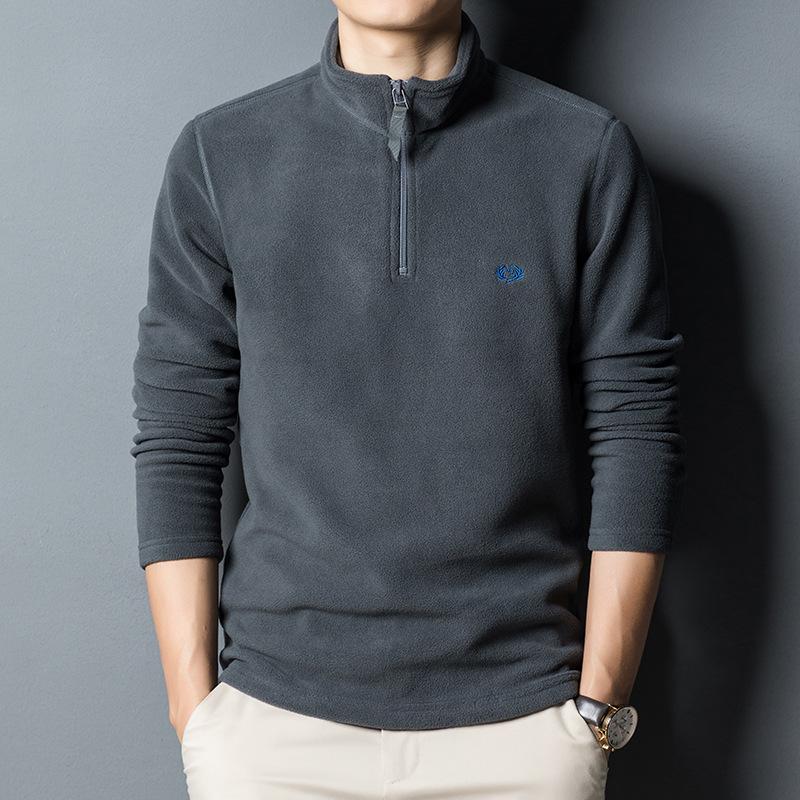 Толстовка, мужская флисовая футболка с длинными рукавами, мужская осенне-зимняя вышитая молодежная футболка с воротником-стойкой и полумолнией, теплая футболка, топ