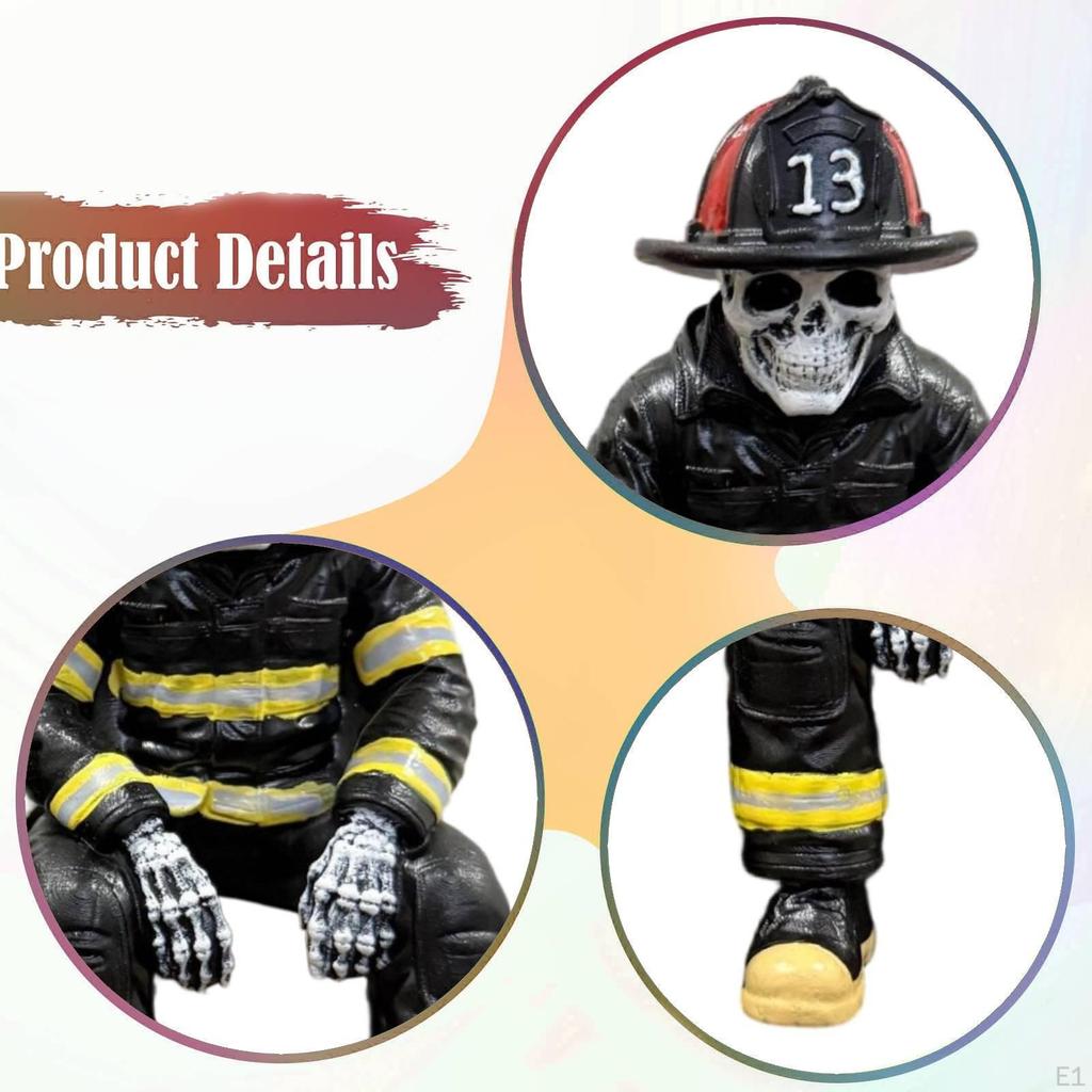 Firefighter Skeleton Statue Ornament Resin Sitter Figurine for Home Decoration