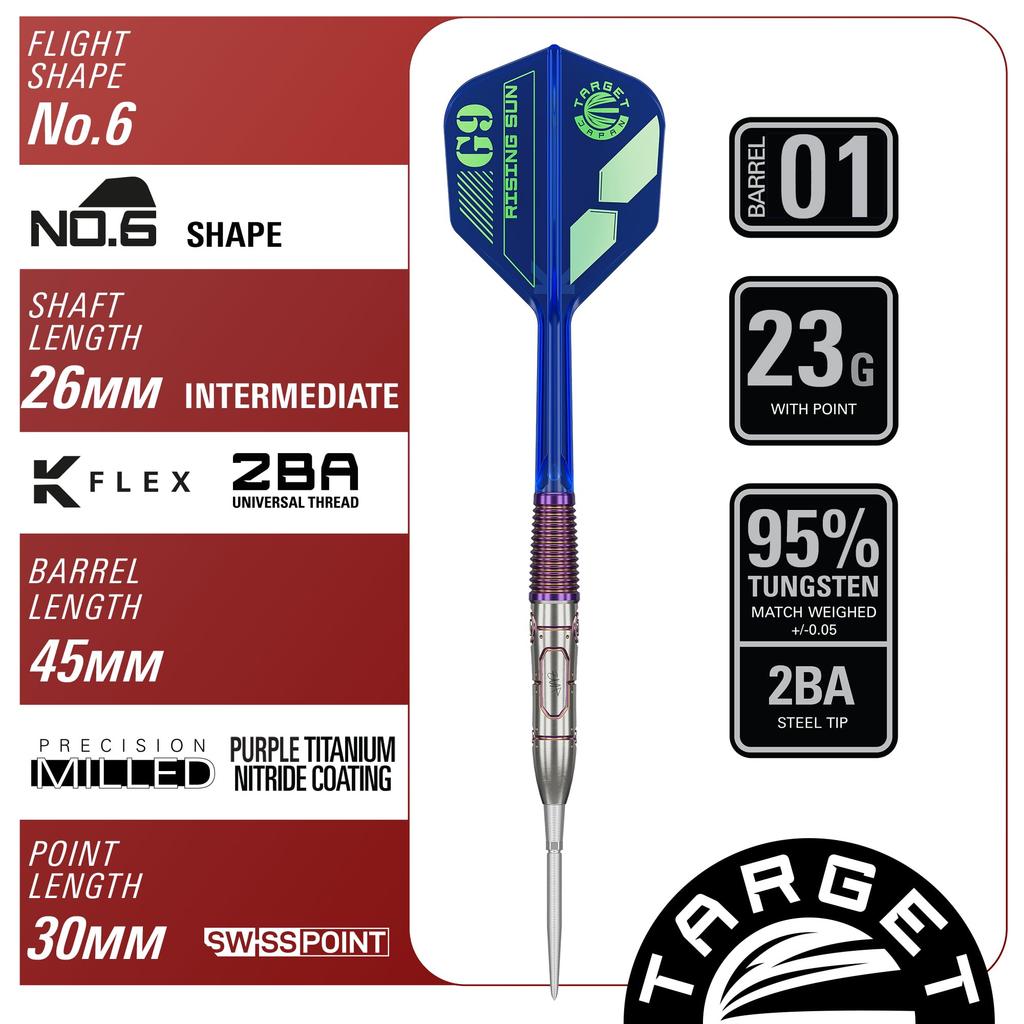 Набор дартсов Target Japan Rising Sun G9 95% Вольфрамовая сталь с наконечниками 23г K-Flex Форма №6 Оперения и Хвостовики Swiss Nano Point 30мм Харуки Мураматсу