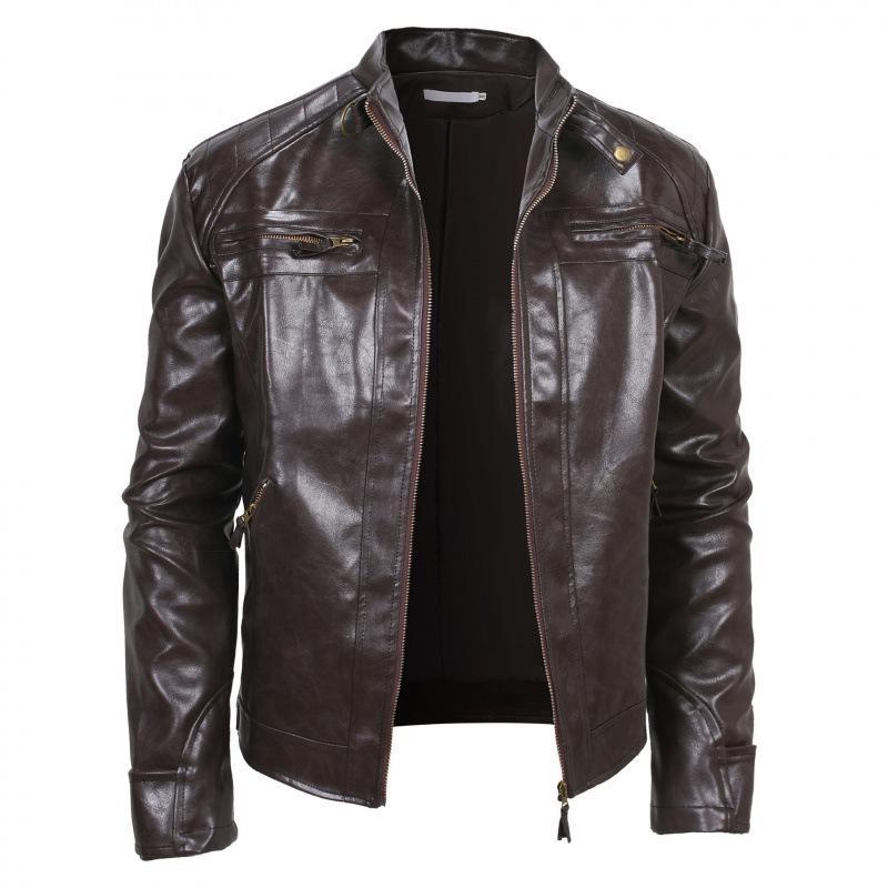 Мужская кожаная куртка с эффектом потертости 2023 года - Европейский и американский панк-стиль с воротником-стойкой