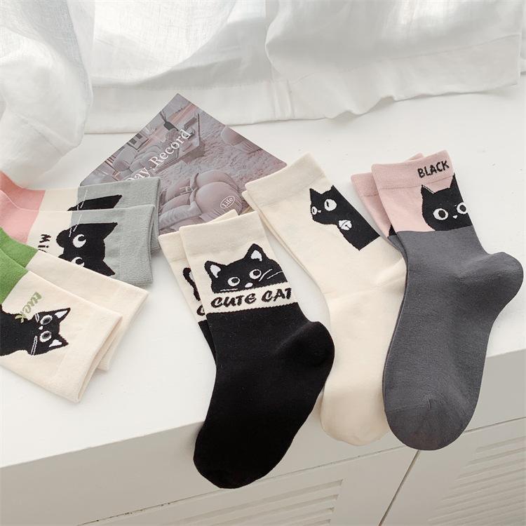 Cartoon Cat Printed Kawaii Socks Women College Style School Girls Cute Socks Casual Harajuku Retro Streetwear Middle Tube Socks
