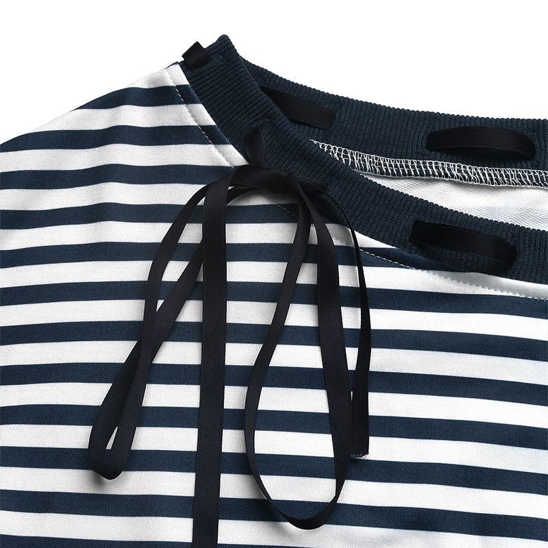 European American Retro Style Bow-Decorated One-Shoulder Striped Women's Hoodie
