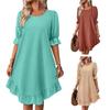 Casual Dresses - Summer Loose A-line Midi Dress Women Solid Color Big Swing Ruffle Patchwork O Neck Pullover Knee Length Mid Sleeves Dress