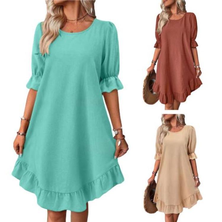 Casual Dresses - Summer Loose A-line Midi Dress Women Solid Color Big Swing Ruffle Patchwork O Neck Pullover Knee Length Mid Sleeves Dress
