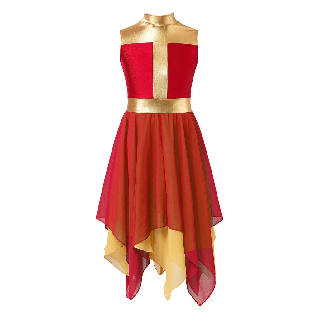 Girls Worship Dance Dress Sleeveless Chiffon Hem Contrast Design Cross Print Praise Lyrical Performance Costume