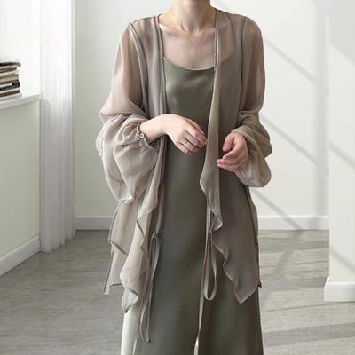 Женские шифоновые кардиганы с V-образным вырезом, фонарь, длинный рукав, шифоновый топ, прозрачная шнуровка, неровный подол, шаль, пальто