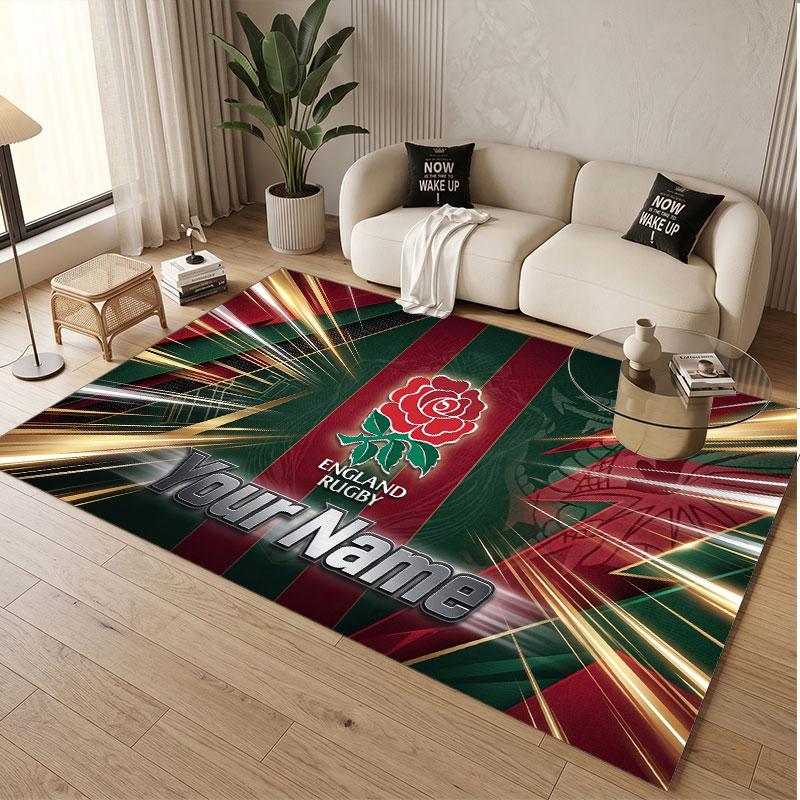 Custom Rug England Rugby Pattern Print Name Text Soft Non‑Slip Floor Carpet for Home Indoor Decoration