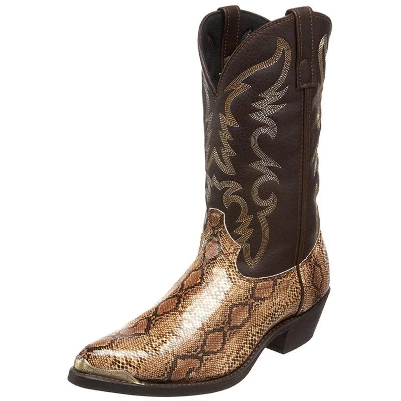 Fashion Retro Men Women Boots Golden Head Snake Skin Faux Leather Winter Shoes Embroidered Western Cowboy Boots Unisex Footwear Big Size