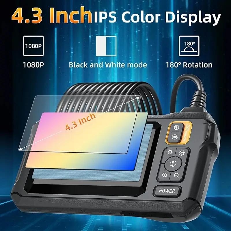 1080P Industrial Endoscope Camera 4.3 Inch IPS Single Lens Pipe Car Inspection Camera with 8mm IP67 Waterproof 8 LEDs