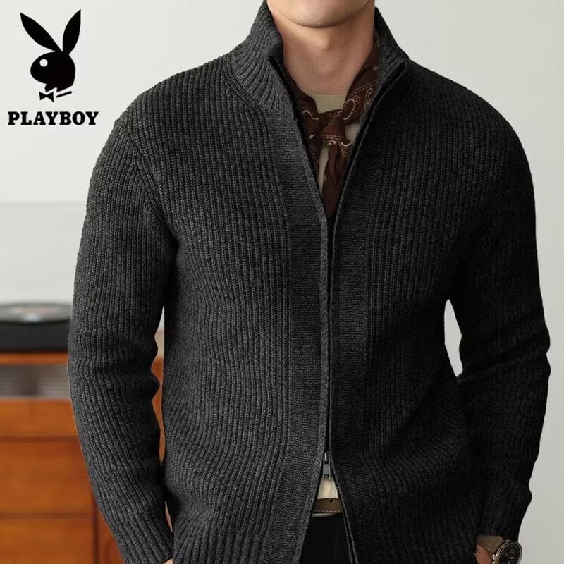 PLAYBOY Men's Stand Collar Zip-Up Knit Cardigan Sweater