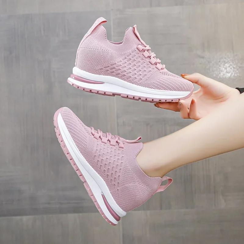 Women's Shoes with Round Toe Tie Up Thick Soles Elevated Fashion Shoes Casual Oversized Breathable Mesh Fly Knit Sports Shoes