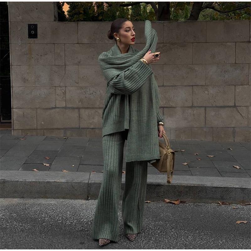Свободные трикотажные женские комплекты с V-образным вырезом, длинным рукавом, шарфом, пуловером, длинными брюками, трикотажный женский костюм, осенне-зимние повседневные женские костюмы