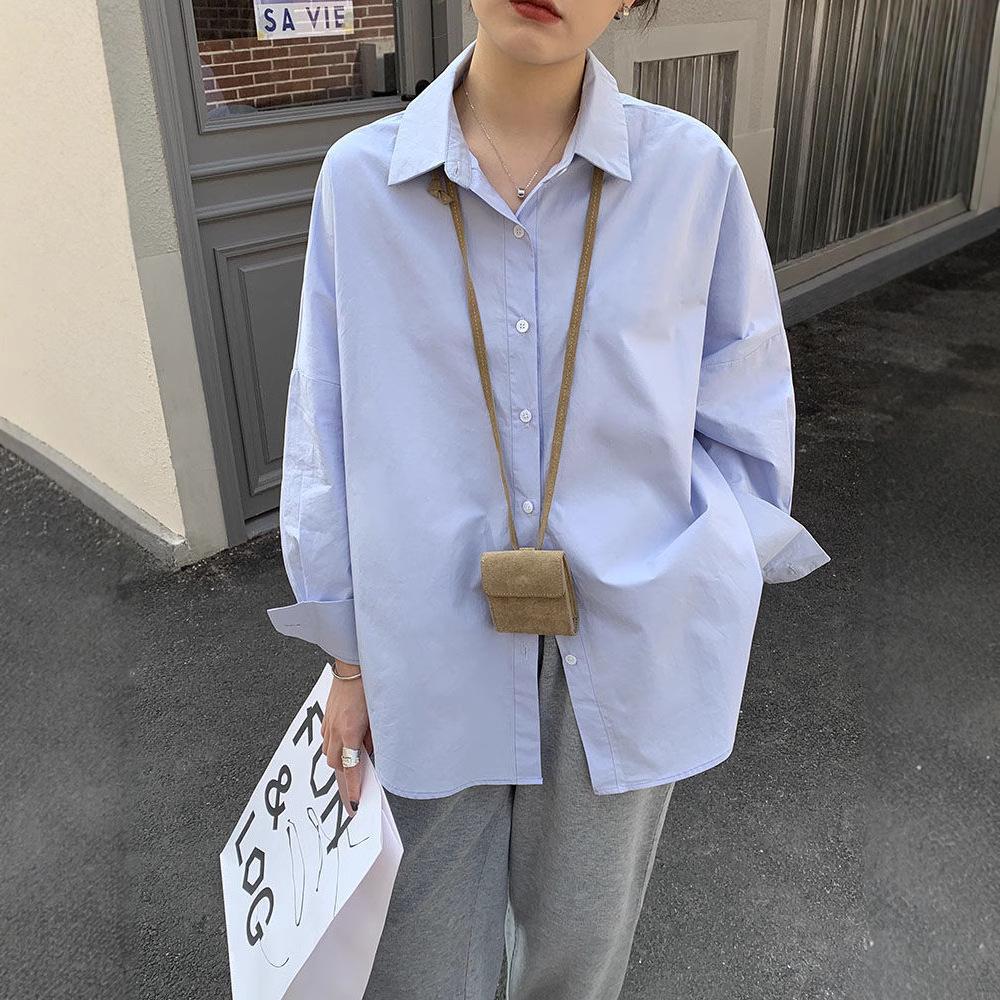Женская синяя рубашка с длинным рукавом - Универсальная в корейском стиле для многослойности весной и осенью