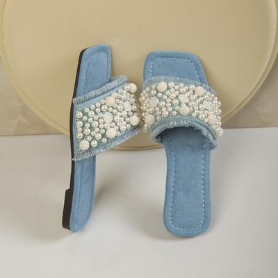 Модные сандалии-шлепанцы большого размера женские летние 2025 жемчужные пляжные шлепанцы на плоской подошве с квадратным носком удобные повседневные шлепанцы