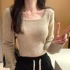 Трикотажная рубашка для женщин с квадратным воротником, длинным рукавом, осень-зима, новый короткий стиль с корейским свитером сверху