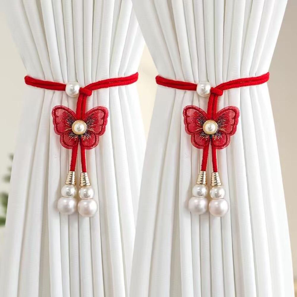 2PCS Adjustable Butterfly Curtain Tiebacks Curtain Holder Decorative Pearl Curtain Buckle Artificial Pearl Curtains Tie Rope