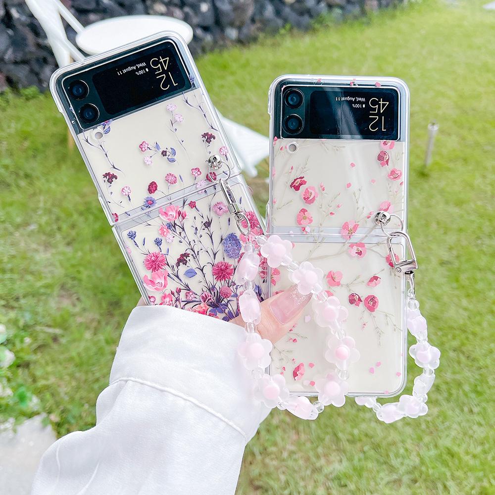 Для Samsung Galaxy Z Flip 4 3 чехол с маленьким браслетом с цветочной росписью прозрачный противоударный жесткий чехол для Samsung Zflip4 Flip3 чехол