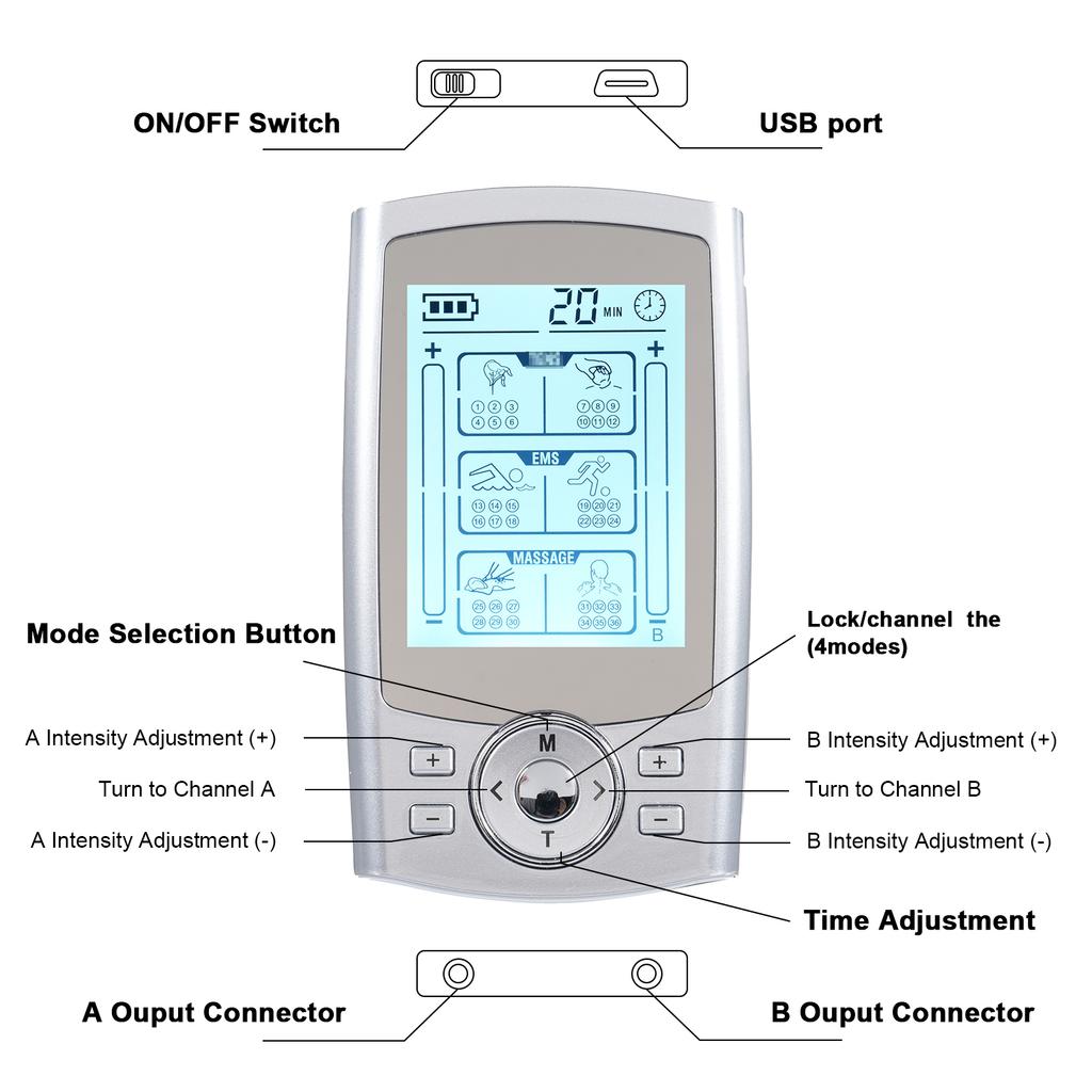2 Channels Electric Muscle Stimulation Device with 36 Modes and 20 Strength Levels Pulse r Muscle Stimulator