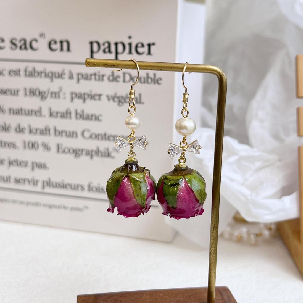 Серьги Niche Design с сушеным розовым цирконием: Осенние ретро-цветочные украшения ручной работы для женщин