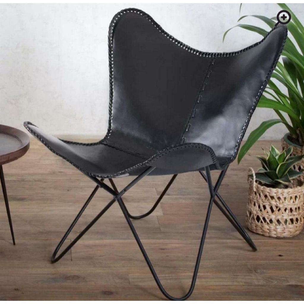 Handmade Black Buffalo Leather Butterfly Chair Lounge Relax Arm Chair Home Décor