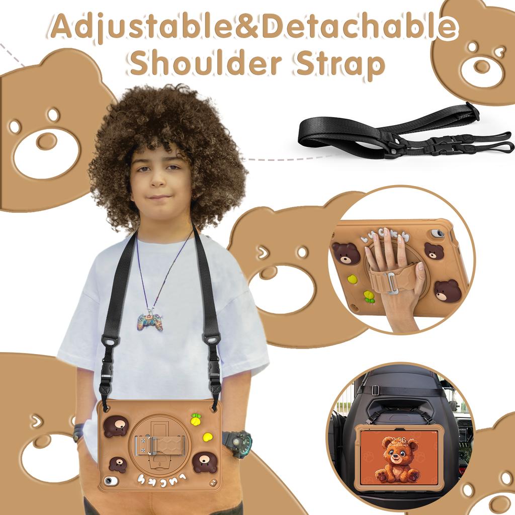 Для iPad (2025)/10.9 (2022) Чехол с плечевым ремнем, узор «Медведь», PC+Силикон+TPU, подставка, чехол для планшета