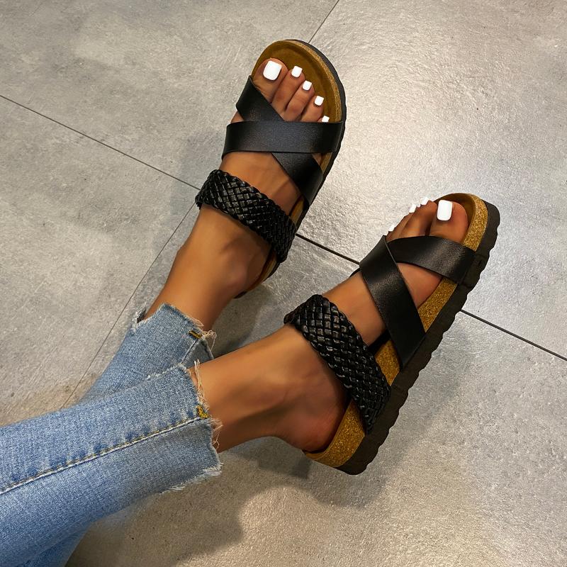 Women's Slippers Summer New 2024 Woven Retro Cross Tie Slingback Flip Flops Casual Open Toe Platform Beach Non-slip Slides Mujer