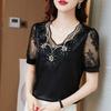4XL Women Shirt V Neck Stitching Satin Lace Blouse Summer Short Sleeve Flower Mesh Tops Blusa Feminina