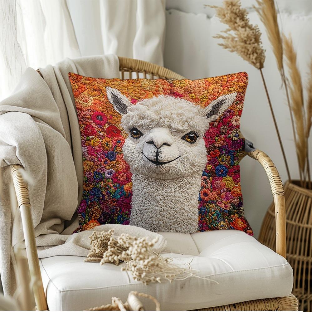 Modern Animal Alpaca Cat 2D Flat Print Peach Skin Pillow Case Faux Embroidery Cushion Cover For Sofa Living Room Bed Home Decor