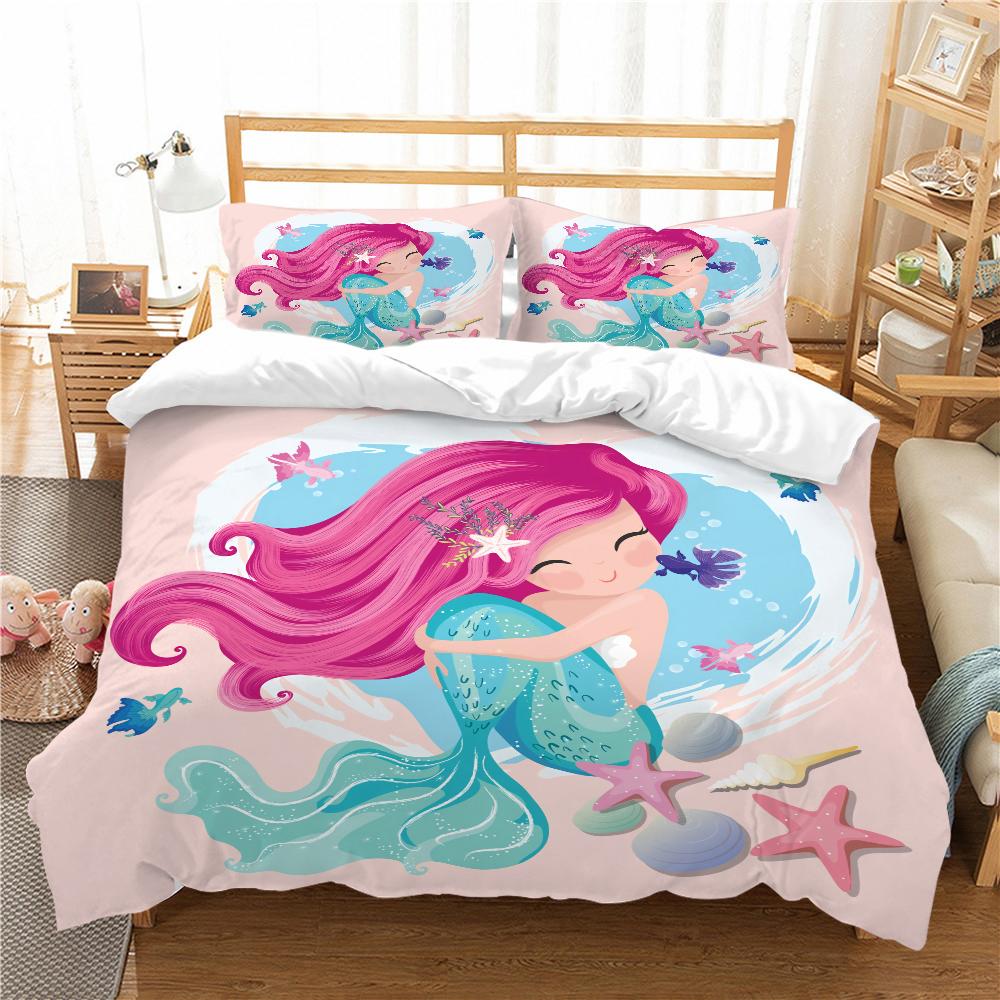 Mermaid Bedding 3D Girl Princess Room Duvet Cover Pillowcase 2/3pcs Single/double Bed Full-size Home Textile Girl Woman Gift