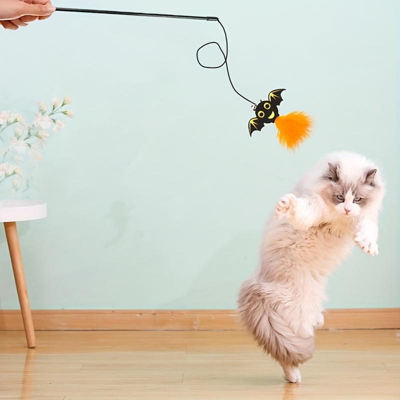 1Pc Halloween Feather Cat Wand Toy Pumpkin Bat Pattern Plastic Rod Interactive Play Toy