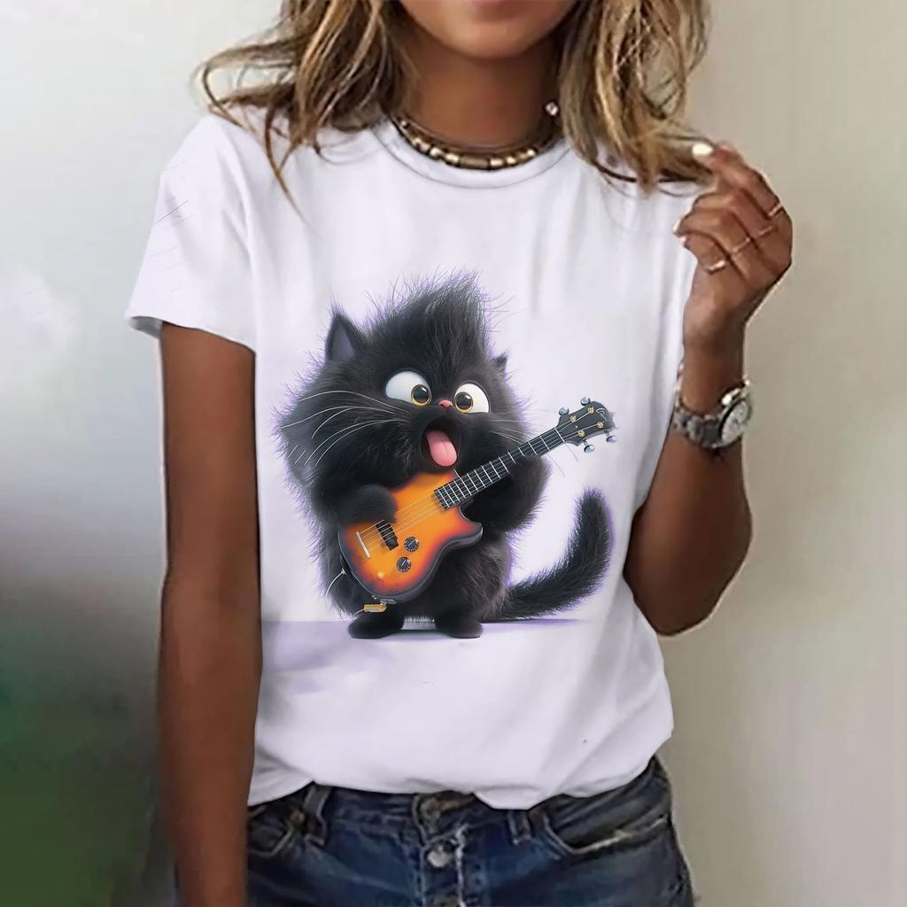 Женская модная футболка с круглым вырезом, летняя одежда, забавная повседневная футболка с коротким рукавом и принтом кота, модная свободная футболка, женская одежда