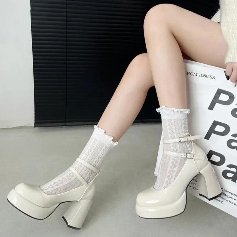 2024 High Heels Women's Spring Autumn Pumps Shoes Red Black Retro Thick Soled Mary Jane Shoes Ankle Buckle 9cm Chunky Heels Women
