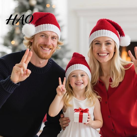 Soft Woolen Winter Caps for Outdoor Parties Santa Hat, Red Knitted Christmas Hat Kids Adults, Waxy Adults Xmas Party with White Pompom Holiday