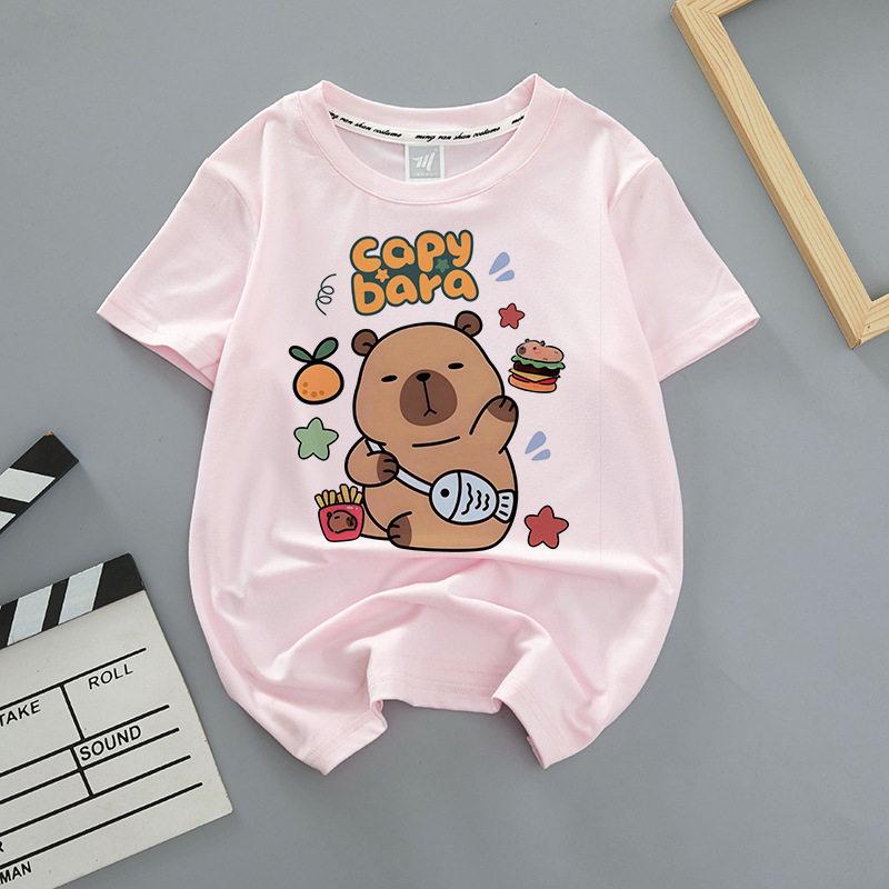 Capybara Summer Childrens Wear Shortsleeved Capybara Cute Childrens Roundneck Pink Trendy Brand Breathable Tshirt