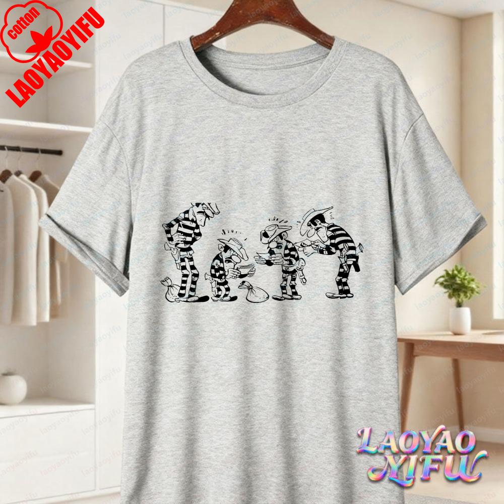 Lucky Luke Full Cast Print Casual Tops Playful Western Cartoon Cotton Tee Funny Vintage Classic Anime Shirt Trend Unisexs Clothing