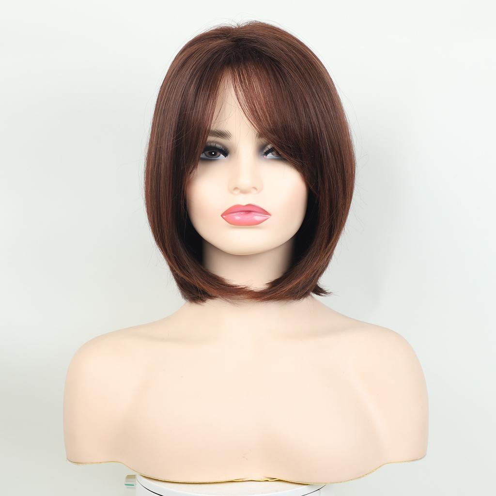 Short Blond Brown Synthetic Bob Wig with Bangs Natural Looking Heat Resistant Wig for Women Daily Party Halloween