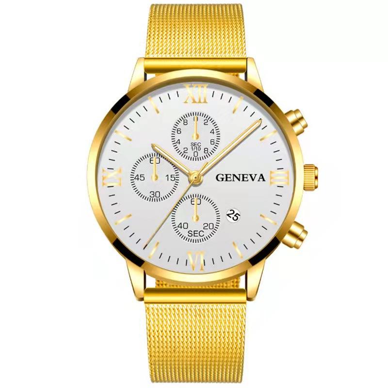 Mesh Belt Men With Calendar, Fake Three-Eye Business Leisure Boys Gift Quartz Watch