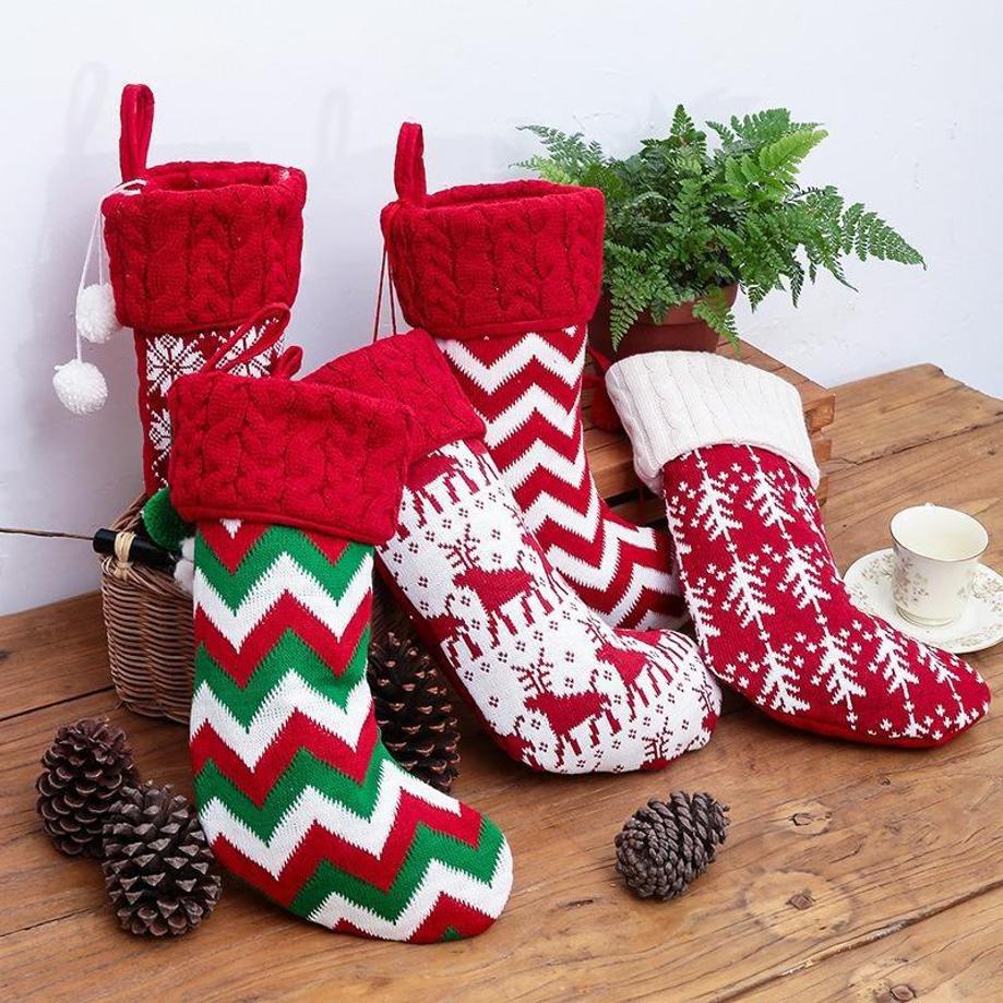 1 Pcs New Christmas Ornaments Knitted Christmas Stockings Yarn Socks Red And White Elk Gift Bag Children Gift Bag Decorate