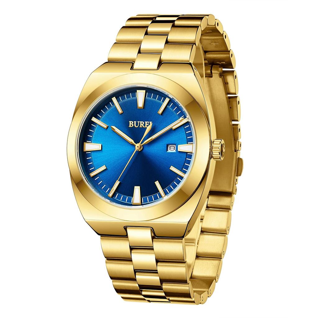 Мужские аналоговые кварцевые часы BUREI, Золотые, Водонепроницаемые, Отображение даты, Большой циферблат, Популярные, Стильные, Мужские, Для бизнеса, Повседневные, Светящиеся, Золотые часы