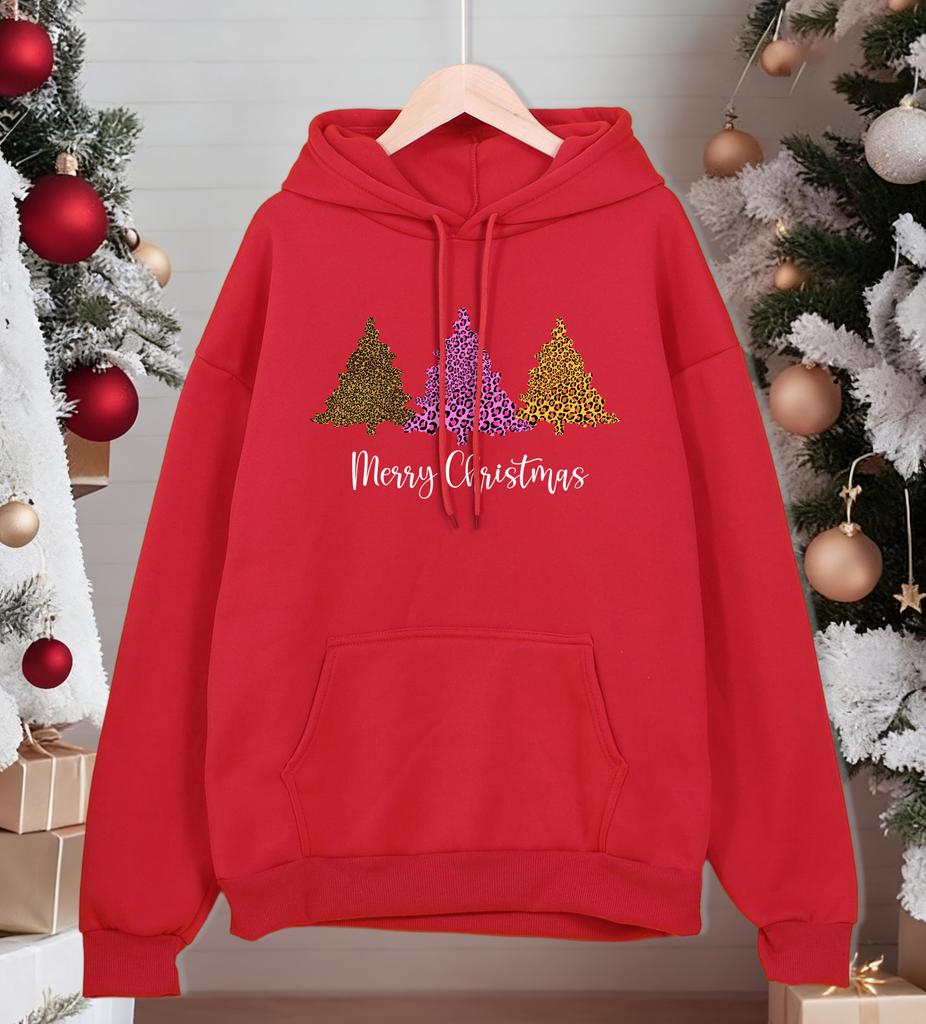 Merry Christmas Leopard Tree Printing Men Hoodie Fleece Soft Hoody Casual Multicolor Pullover Male Comfortable Loose Streetwear