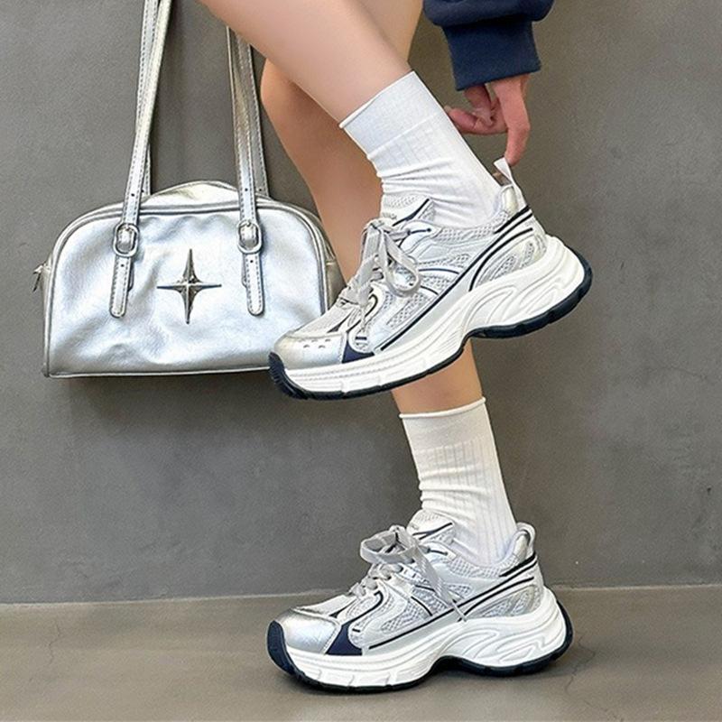 Silver Dad Shoes Women's 2025 Spring New Thick-soled Heightening Non-slip Sports Shoes Leather Breathable Casual Jogging Shoes