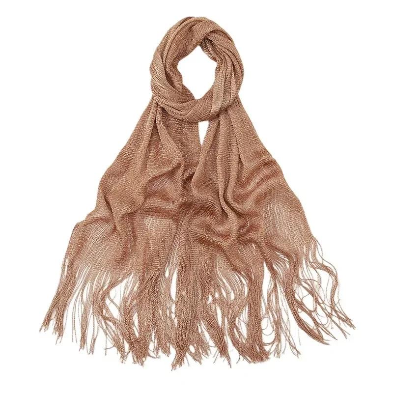 160*50cm Fashion Bright Silk Sunscreen Shawl Hijab Gold Silver Shiny Scarves For Women Lace Tassel Party Evening Dress Scarf