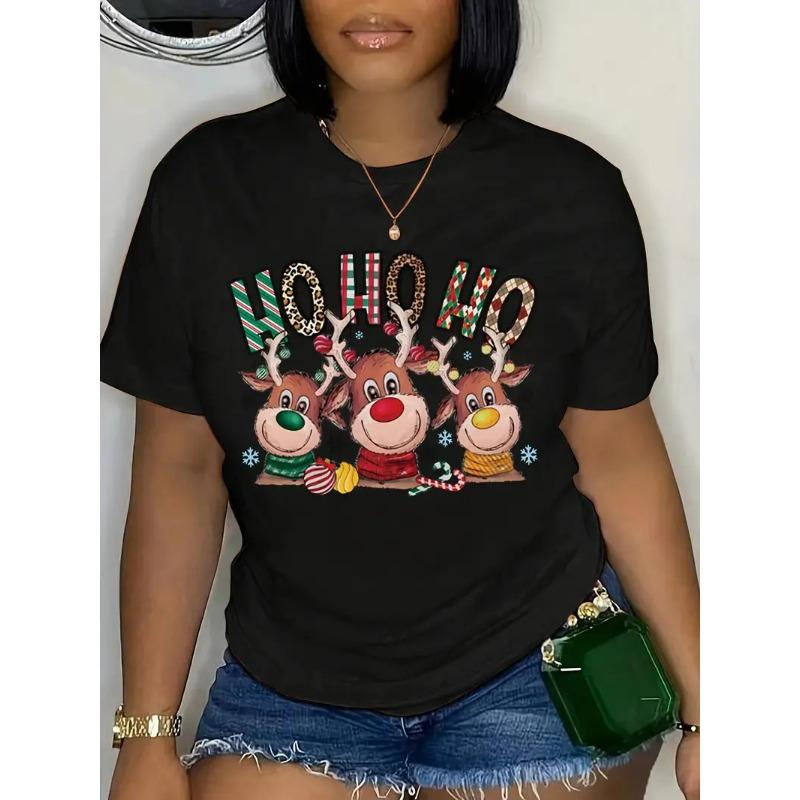 Летние женские свободные повседневные футболки с круглым вырезом и короткими рукавами из чистого хлопка с рождественским принтом