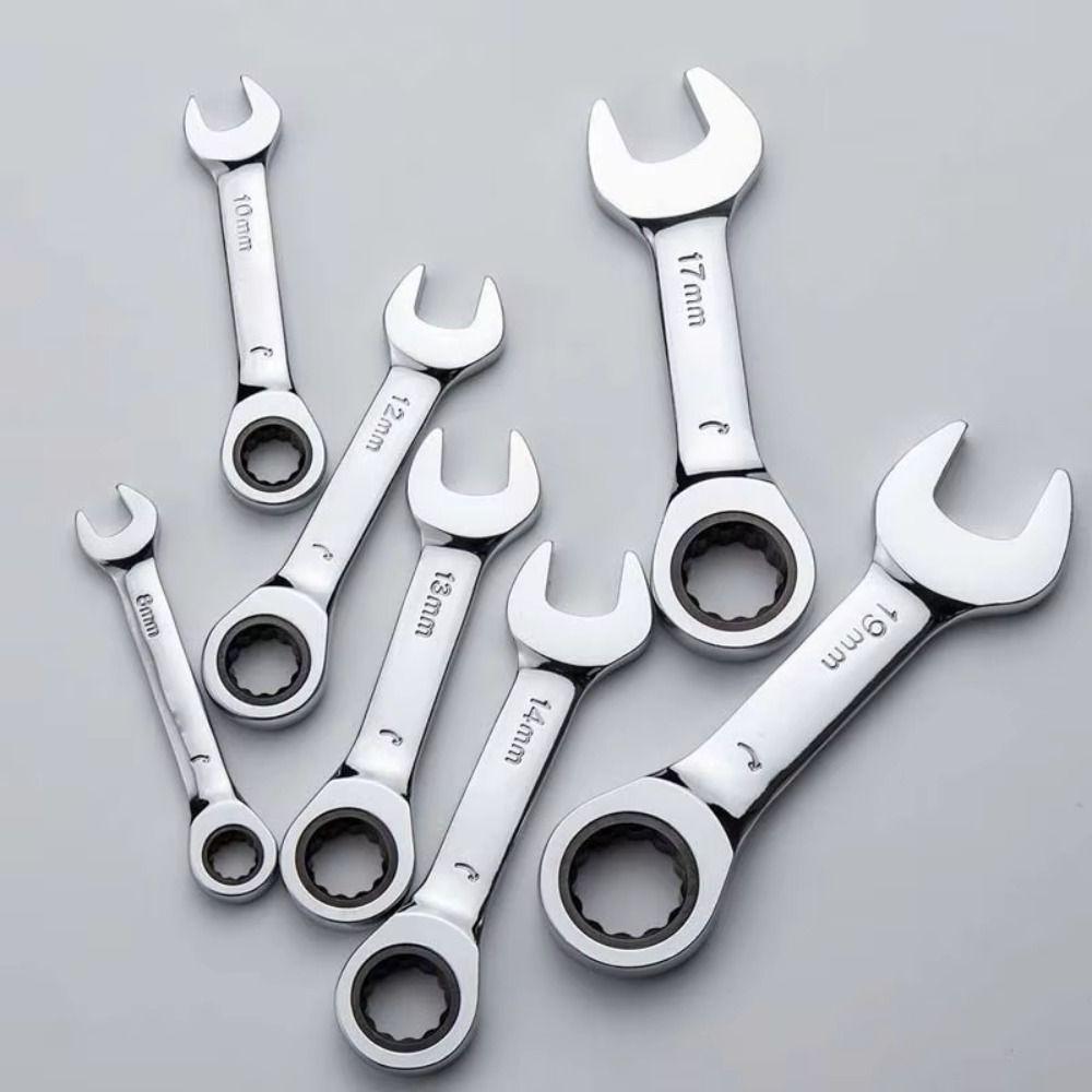 CR-V Steel Stubby Ratcheting Combination Wrench 8mm-17mm Ratcheting Spanner  Auto Repair