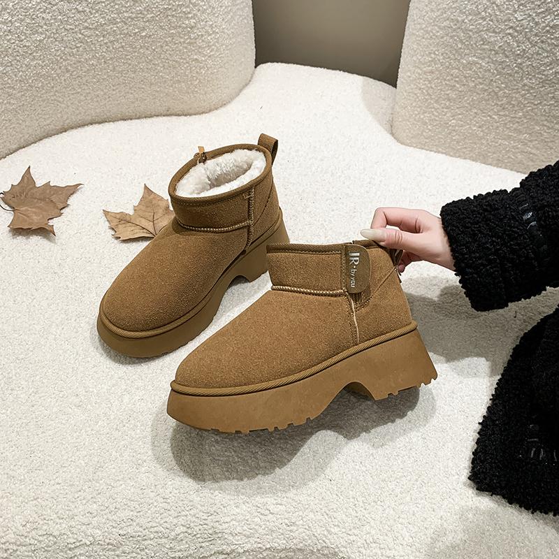 Мода 2024 Новые Классические Утепленные Пушистые Женские Снежные Ботинки Кожаные Теплые Ботильоны Женские Зимние Женские Ботинки Массивная Обувь на Платформе